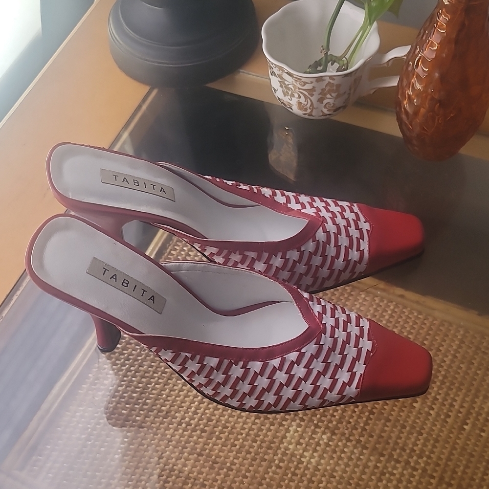 Tabita Red and White Heels with Geometric Design